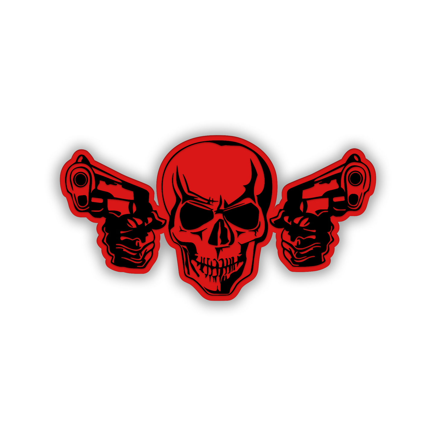 Skull pistol engraved vehicle emblem with bold black and silver contras