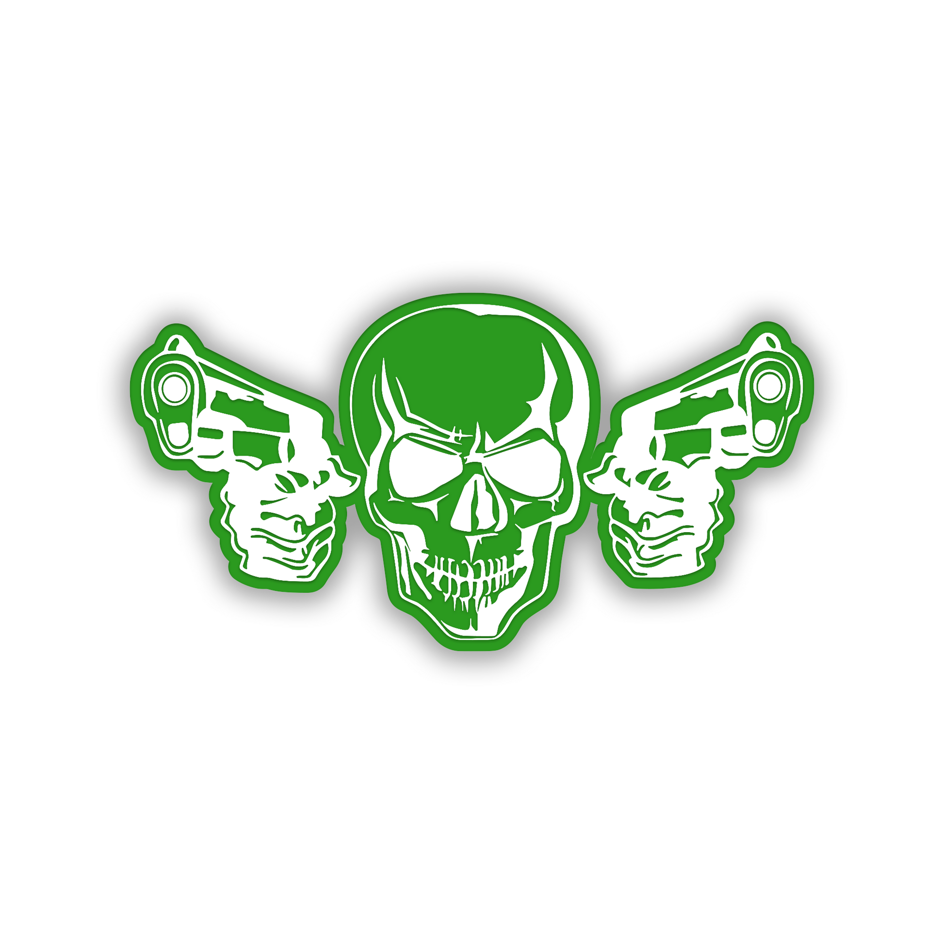 Black and brushed silver ARMED SKULL engraved car badge with pistols