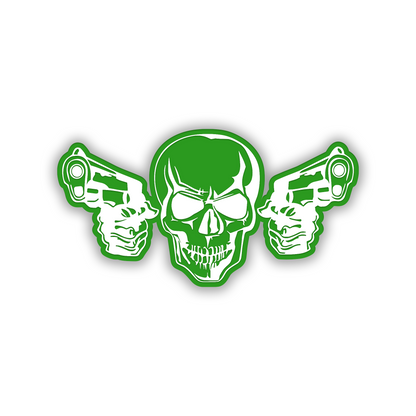 Black and brushed silver ARMED SKULL engraved car badge with pistols