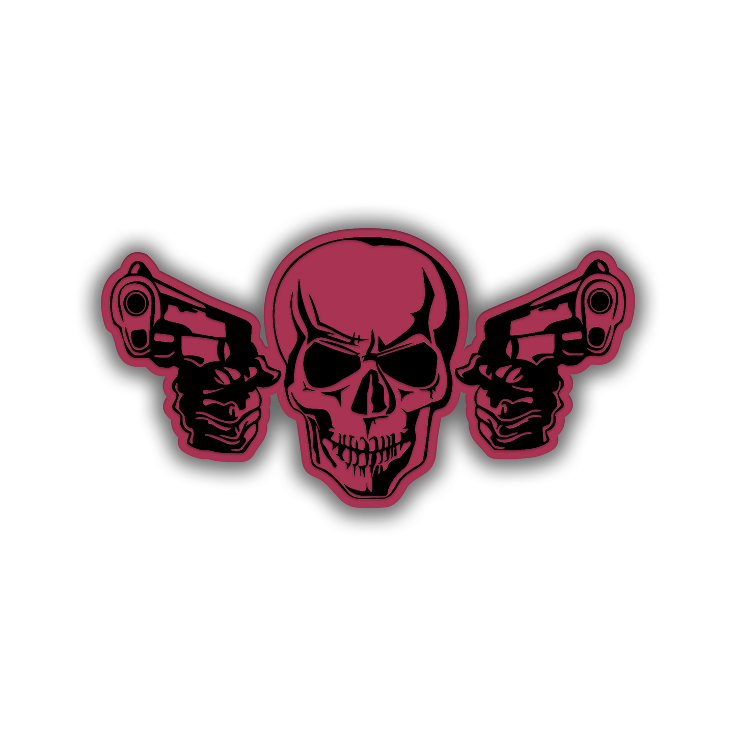 Engraved ARMED SKULL car emblem featuring detailed skull and handgun artwork