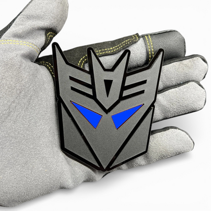 Decepticon inspired emblem for Chevy Silverado tailgate, aggressive black and red acrylic badge for truck customization