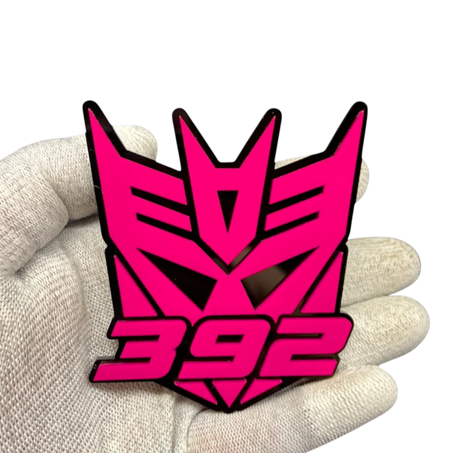Transformer 392 emblem for Dodge Challenger RT Scat Pack, aggressive black acrylic badge for muscle car