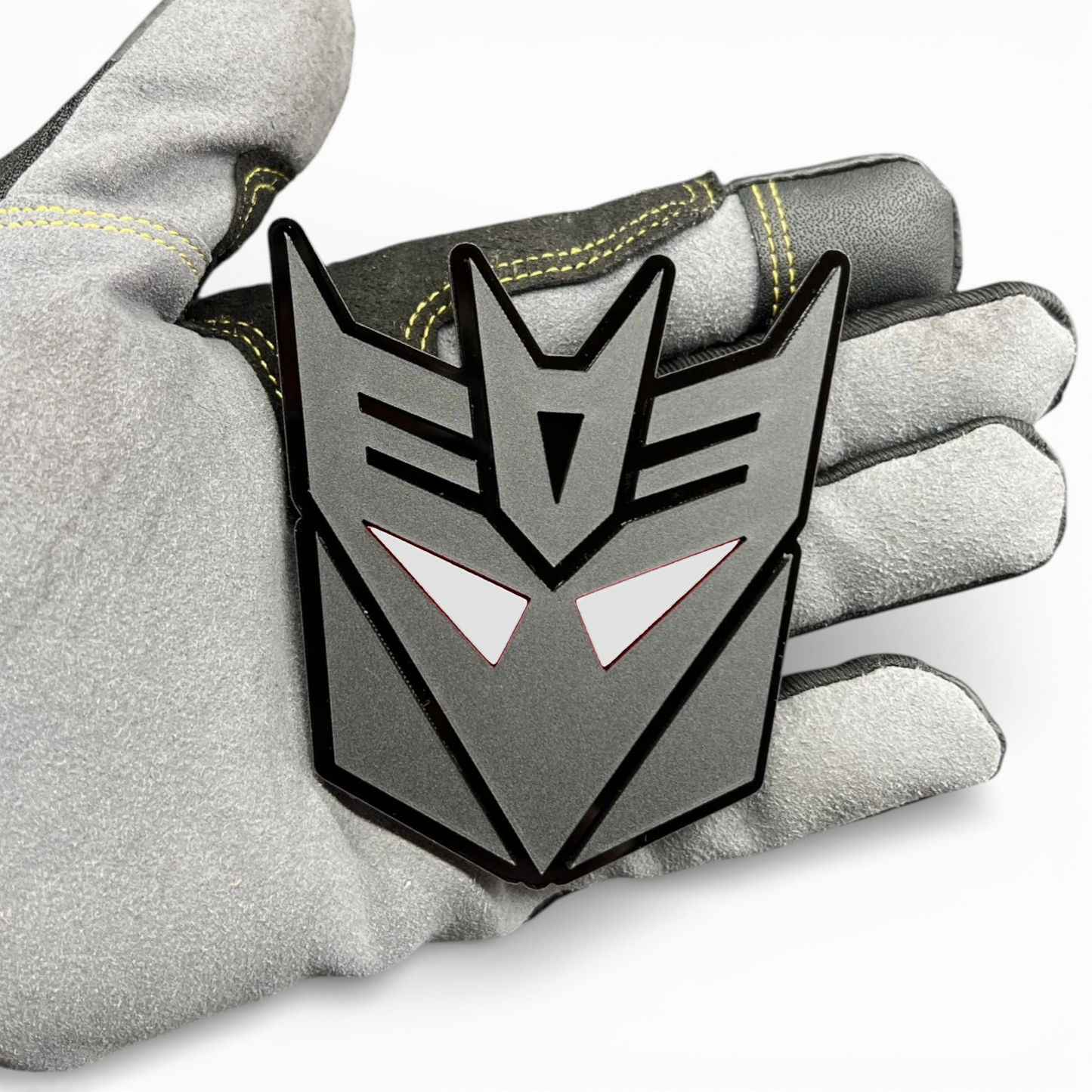 Robot face badge for GMC Sierra 2500 grille, custom acrylic truck emblem with sharp design and red accents