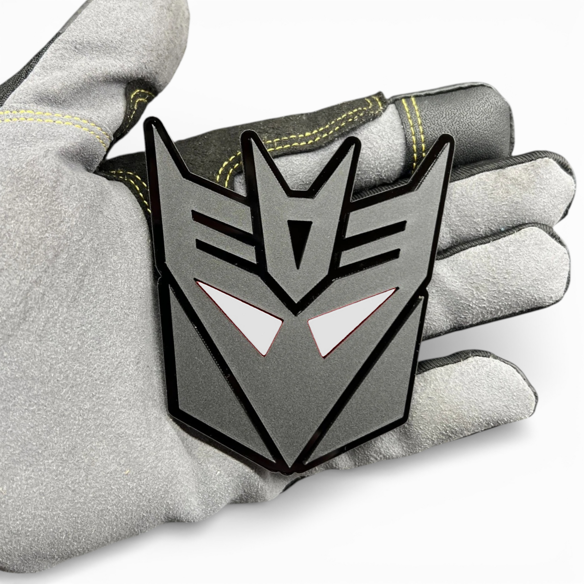 Robot face badge for GMC Sierra 2500 grille, custom acrylic truck emblem with sharp design and red accents