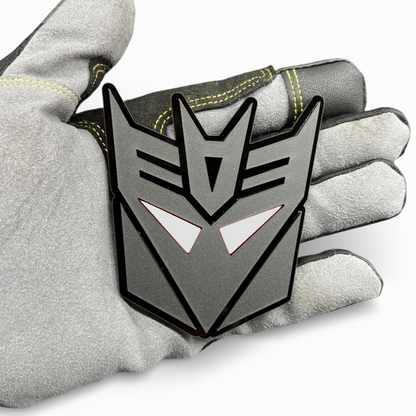 Robot face badge for GMC Sierra 2500 grille, custom acrylic truck emblem with sharp design and red accents
