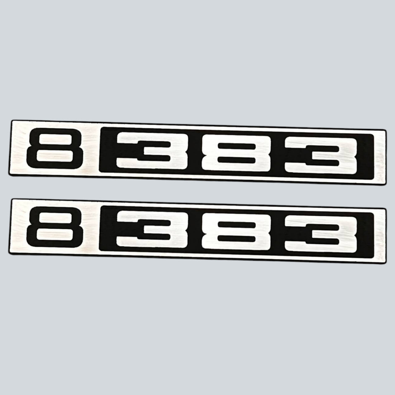 B 383 custom silver billet truck badge for front grille, fender, or exterior Chevy C10 styling.