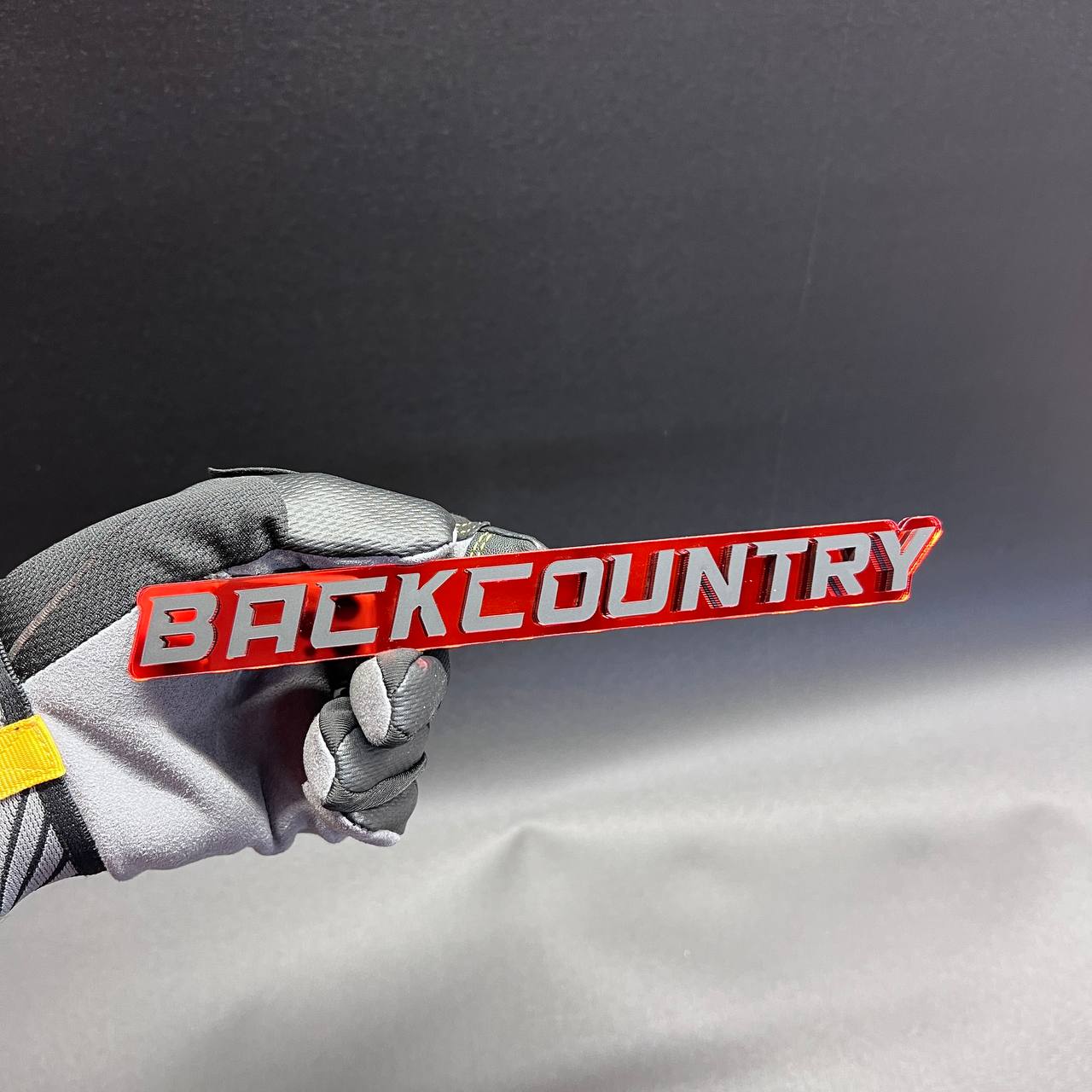 Custom Back Country car badge for truck exterior styling