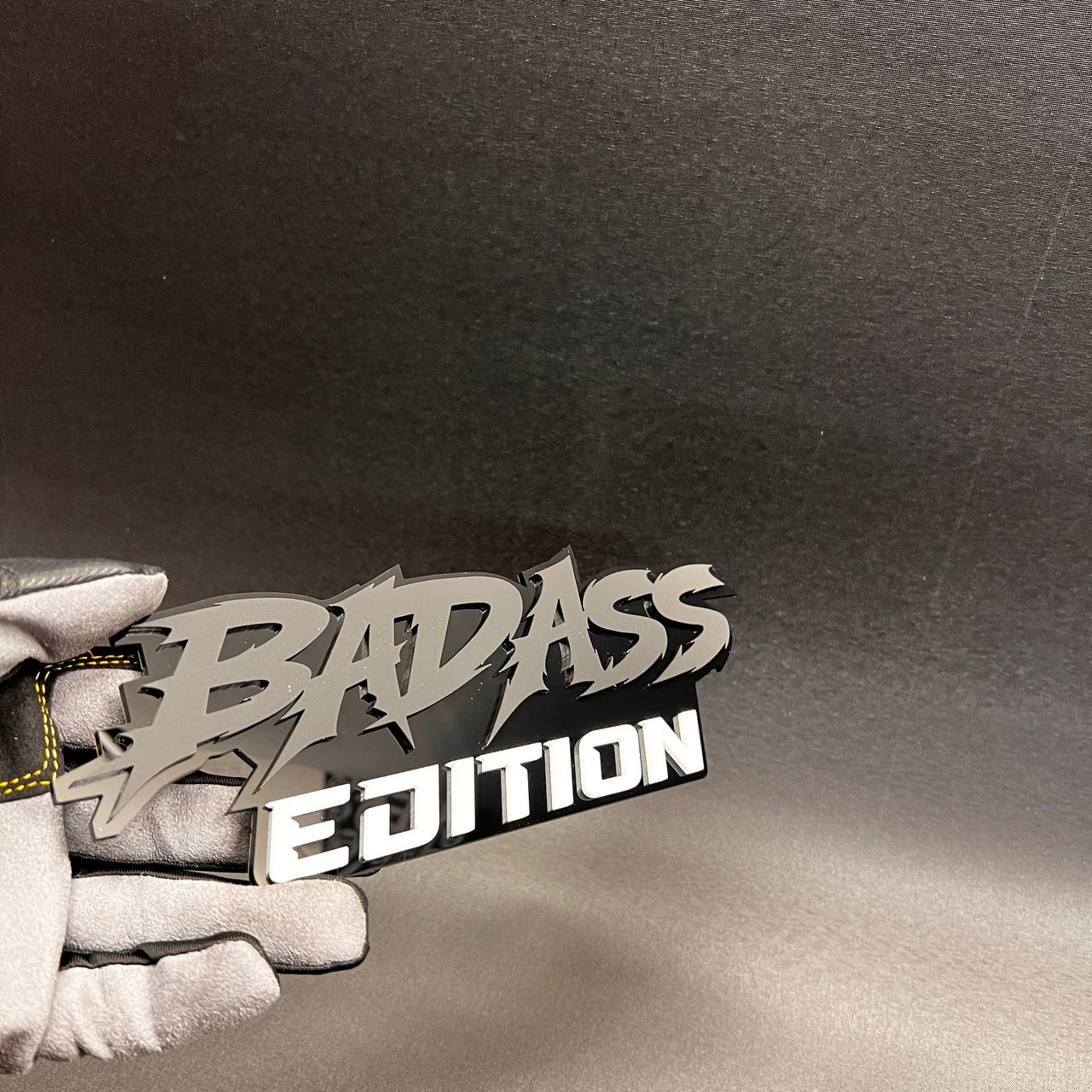 3D Badass Edition custom text car emblem with automotive adhesive backing.