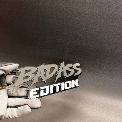 3D Badass Edition custom text car emblem with automotive adhesive backing.