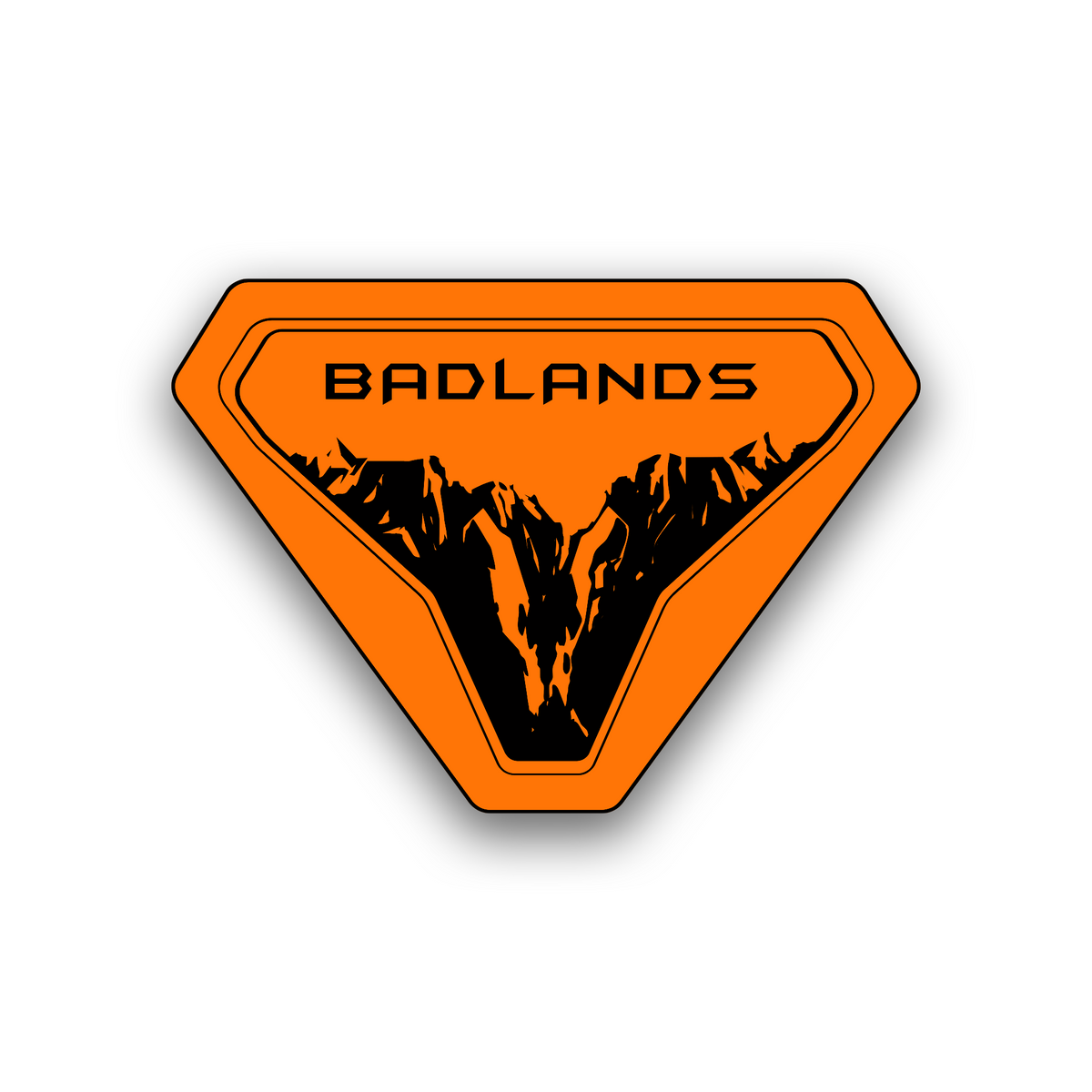 Badlands engraving fender badge with rugged mountain landscape design