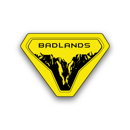 Badlands off-road engraved fender emblem with detailed mountain artwork
