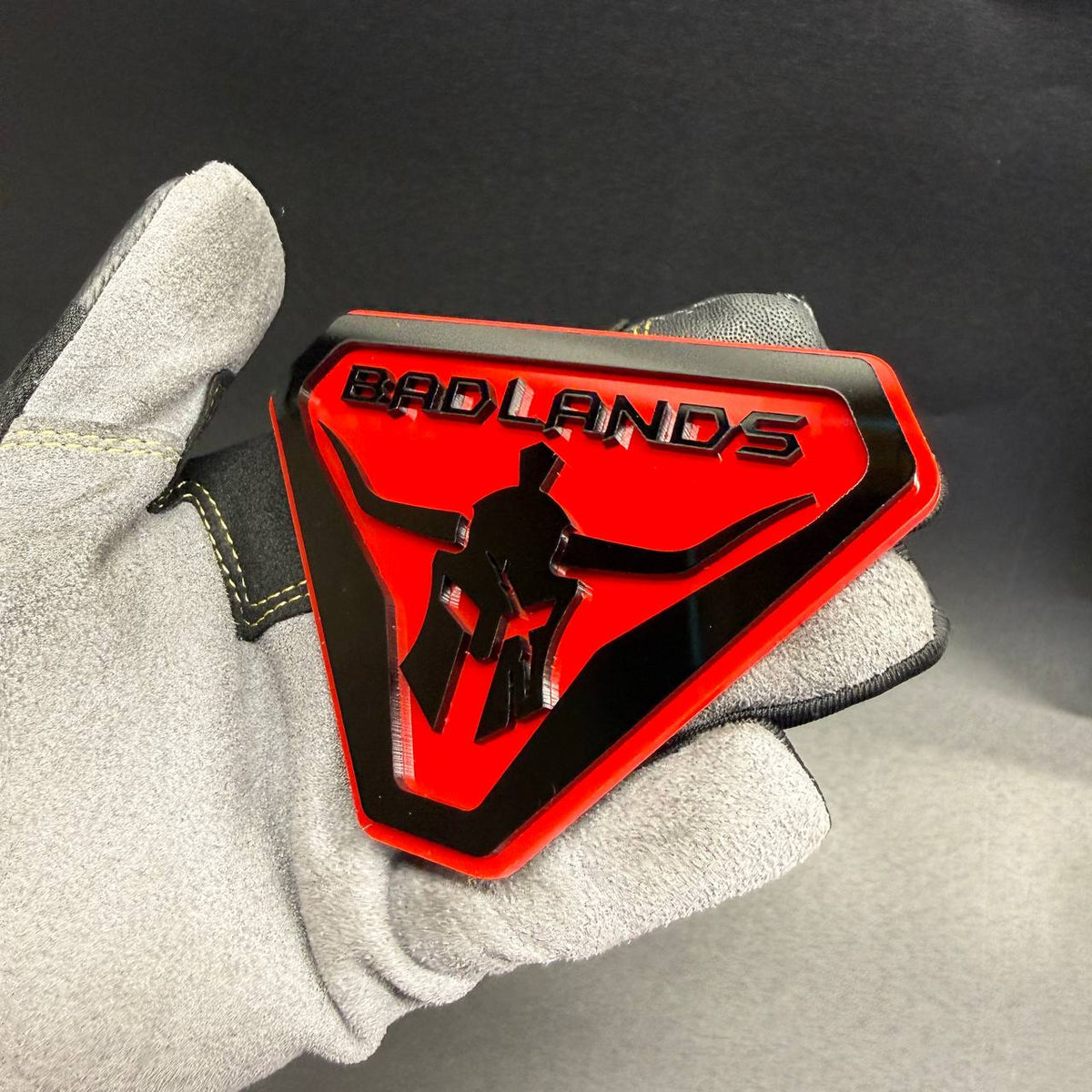 Badlands warrior car badge for Ford Bronco, Jeep Gladiator and off-road truck styling.