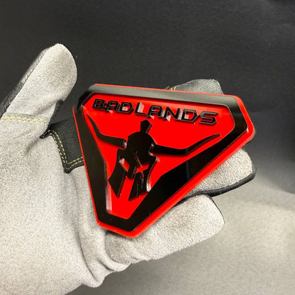 Badlands warrior car badge for Ford Bronco, Jeep Gladiator and off-road truck styling.