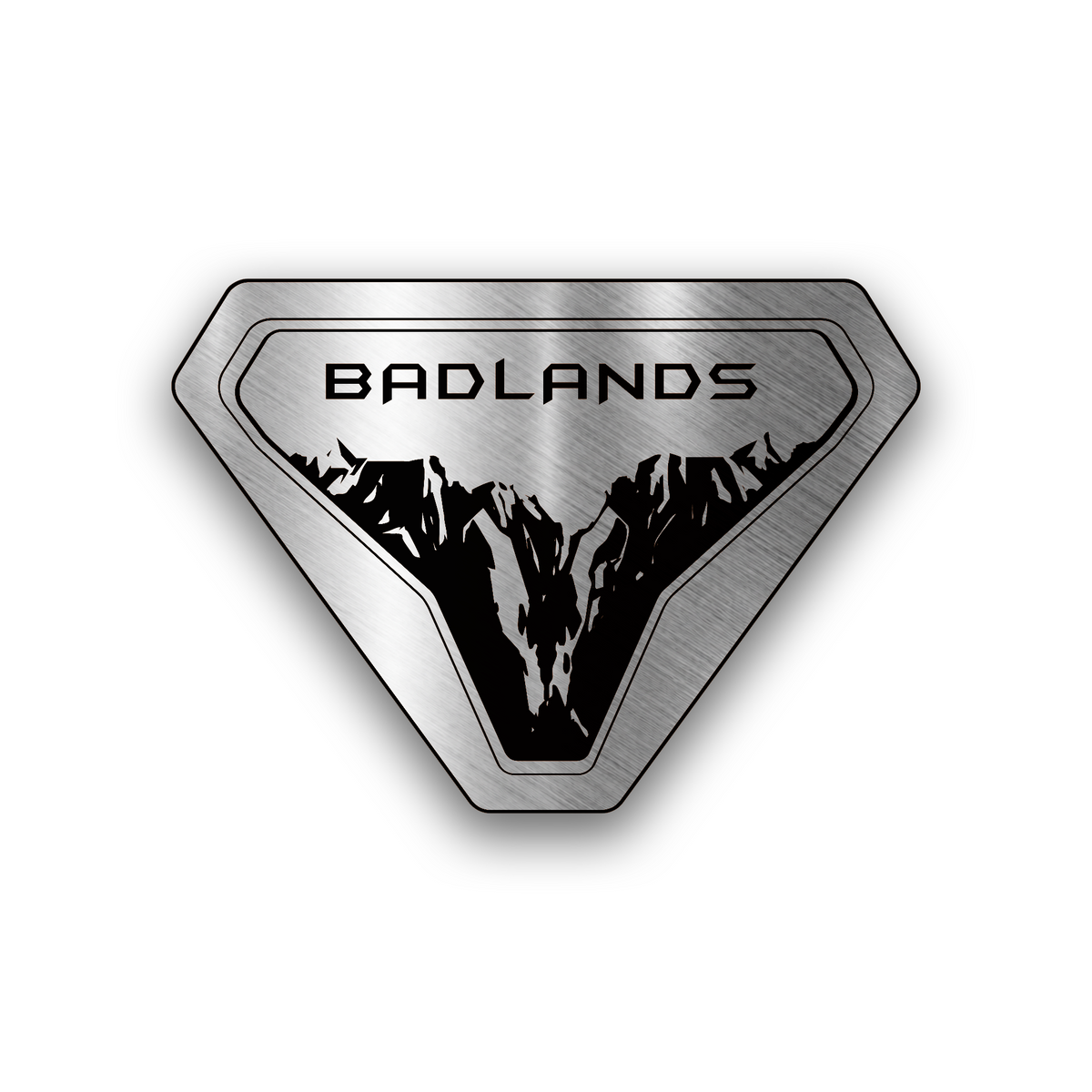 Badlands engraved car badge with mountain design for off-road vehicle fender