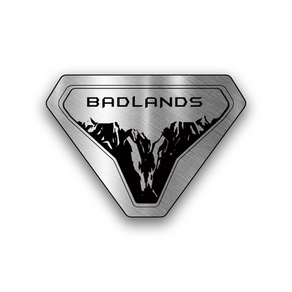 Badlands engraved car badge with mountain design for off-road vehicle fender