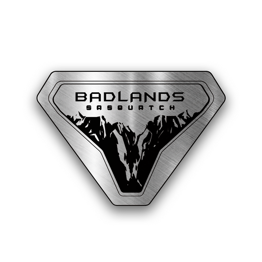 Badlands Sasquatch engraved car badge emblem with mountain design for off-road vehicles