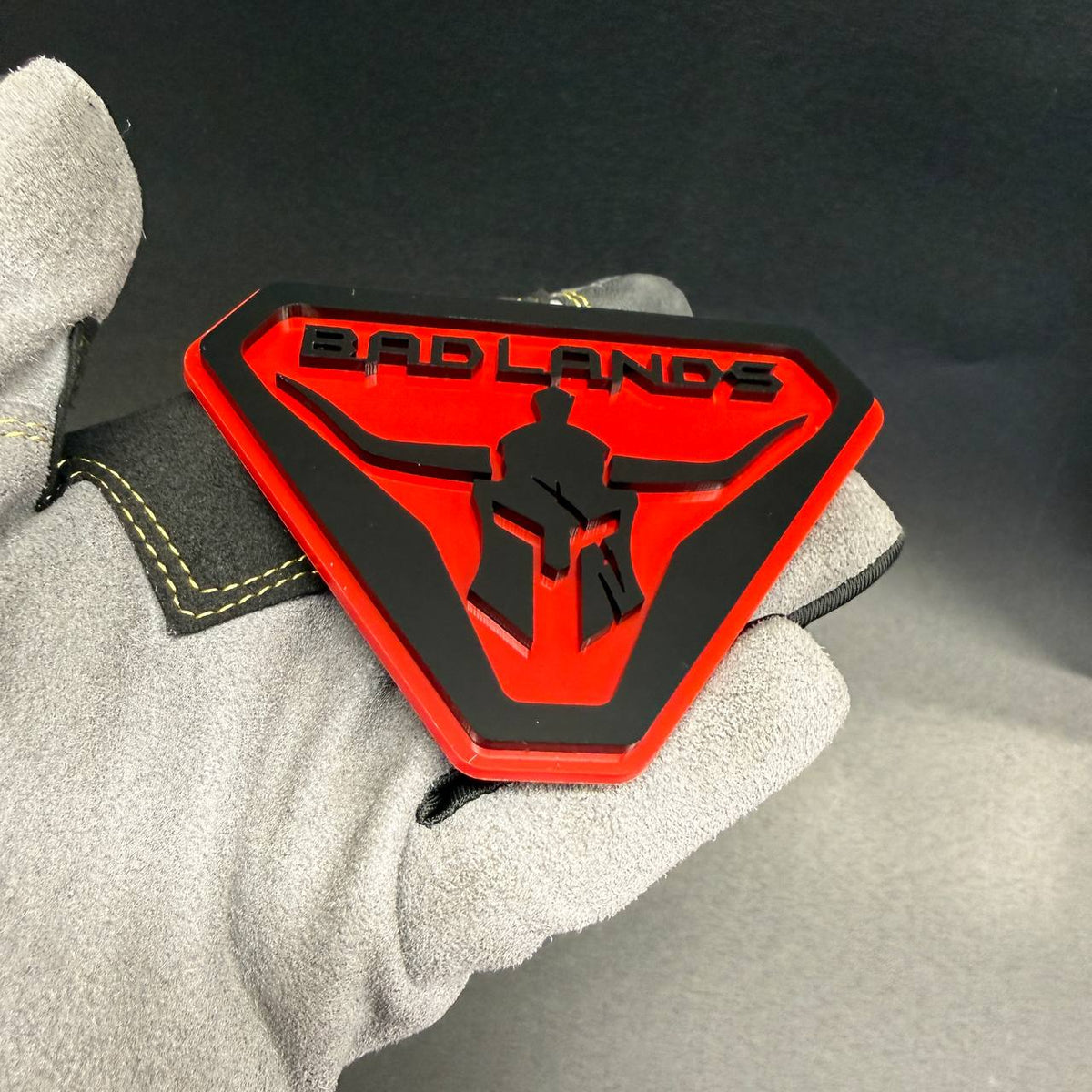 Badlands warrior car badge for Ford Bronco, Jeep Gladiator and off-road truck styling.