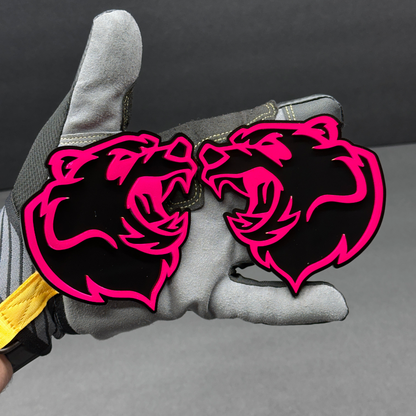 Bear head badge pair shown as custom vehicle fender emblem for automotive use