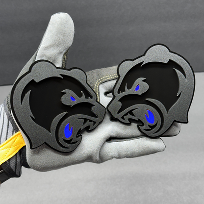 Bear head badge pair shown as custom vehicle fender emblem for automotive use