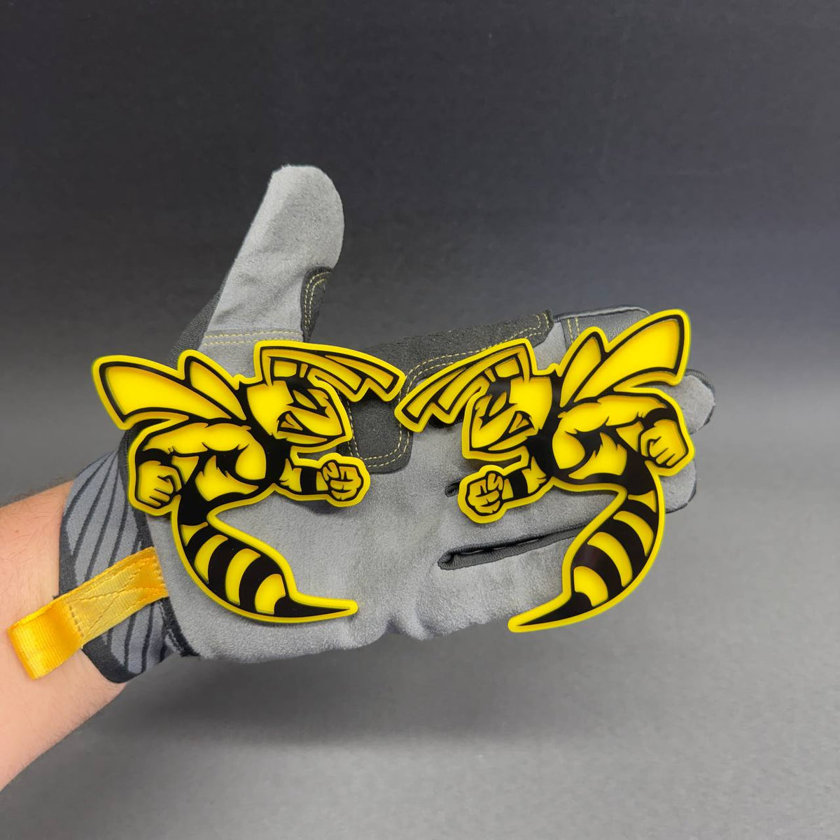 Yellow and black angry bee car badge with racing hornet design for Dodge Charger and Challenger muscle car customization
