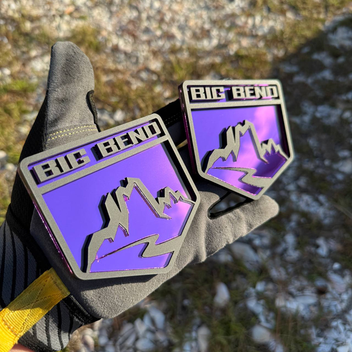 Custom Big Bend Edition car emblem featuring a mountain silhouette for Ford Bronco SUV exterior styling.