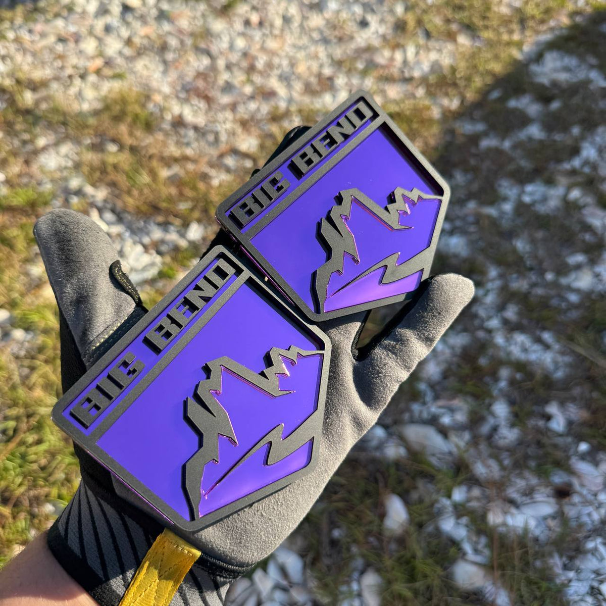 Two black and purple Big Bend mountain badges for SUV fenders, tailgates, and custom 4x4 applications.