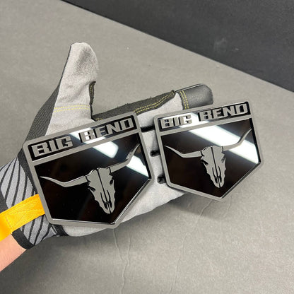 Western skull Car Badge Fender Emblem with bold Big Bend text and black finish.
