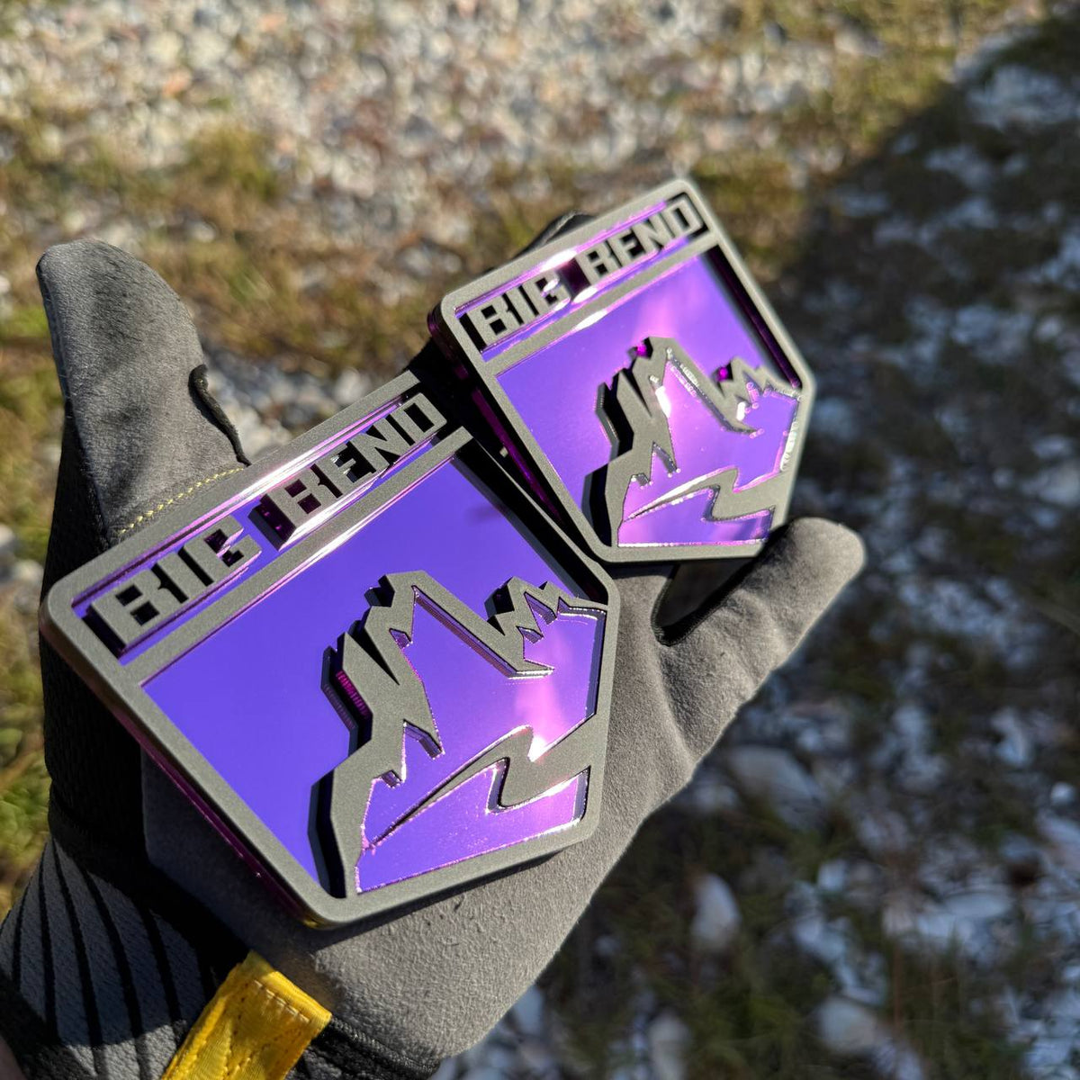Purple mirror Big Bend Ford Bronco fender badge with black raised text and mountain graphics.