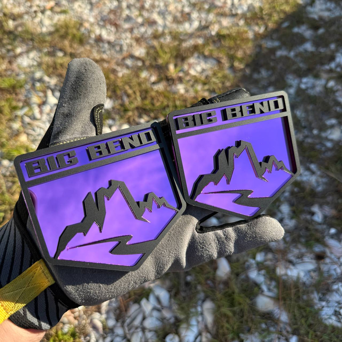 Big Bend mountain badge with purple reflective finish and black border for Ford Bronco body panel decoration.