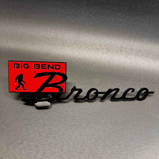Big Bend Sasquatch custom car text badge with black acrylic lettering for Bronco exterior styling. Fits Bronco
