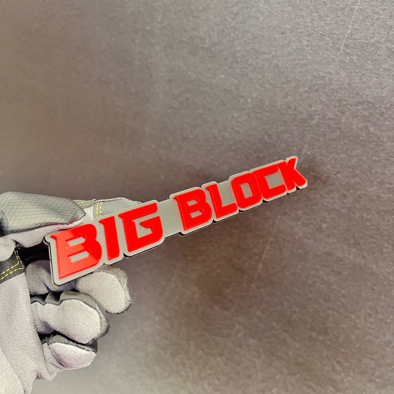 Red BIG BLOCK automotive text badge for car fender, hood, trunk or exterior decoration