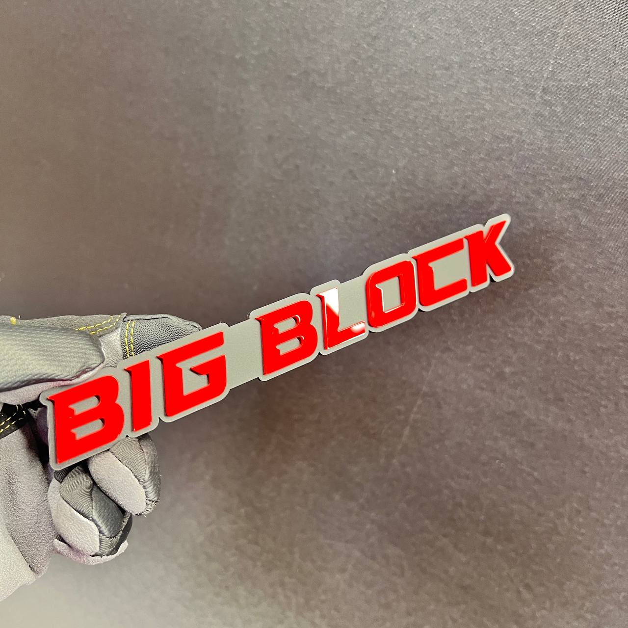 BIG BLOCK muscle car fender emblem in red and silver layered 3D style design