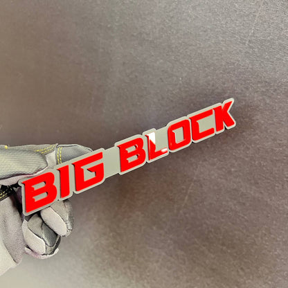 BIG BLOCK muscle car fender emblem in red and silver layered 3D style design