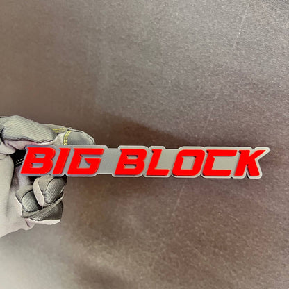 BIG BLOCK engine emblem red lettering on silver backing for performance cars and trucks