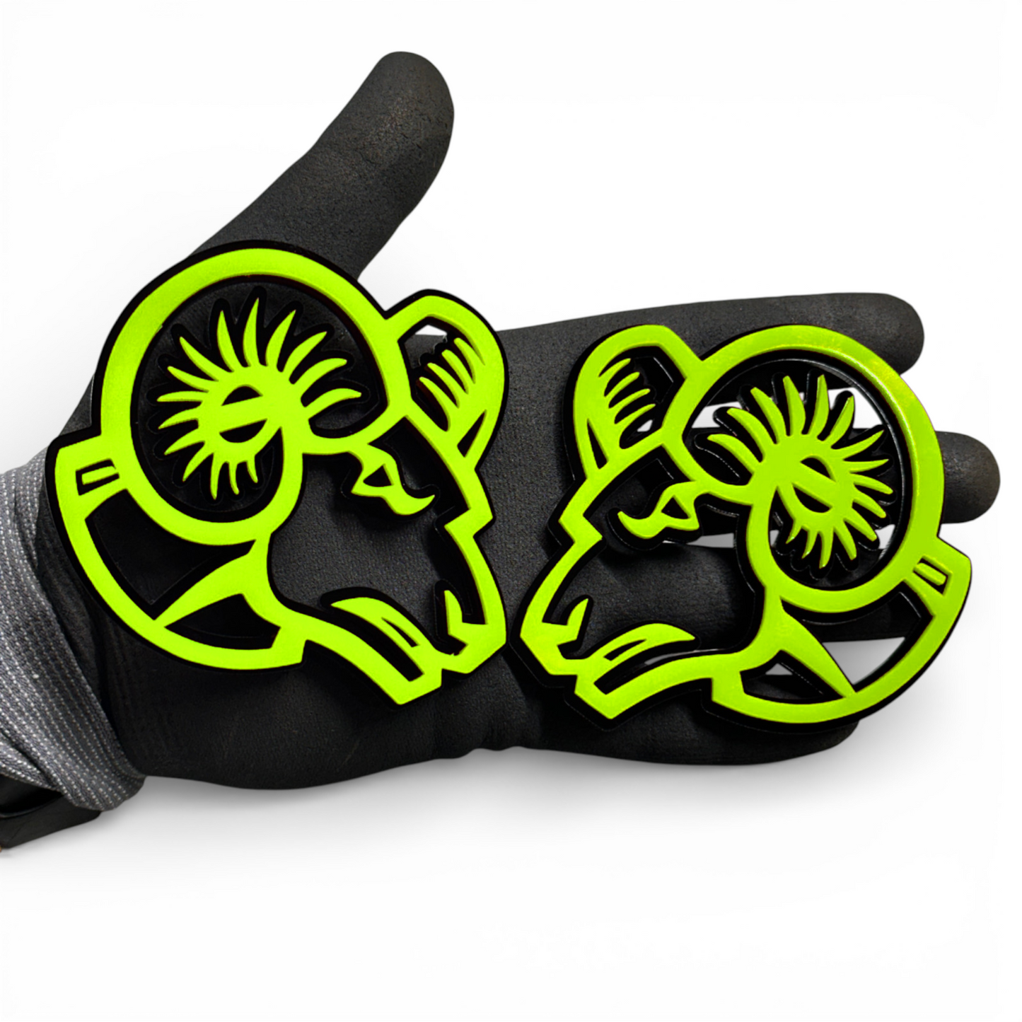 Angry goat badge pair with red eye for Ram 3500 custom truck emblem styling