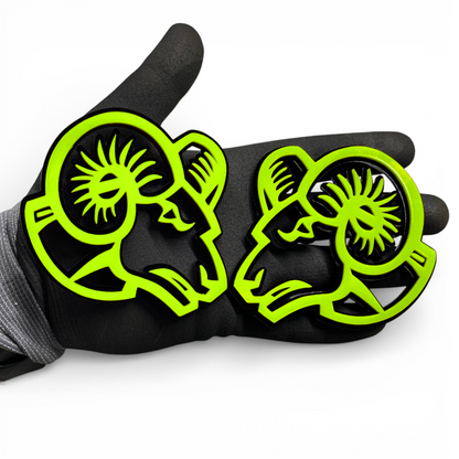 Angry goat badge pair with red eye for Ram 3500 custom truck emblem styling