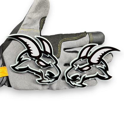 Angry goat badge pair with red eye for Ram 3500 custom truck emblem styling