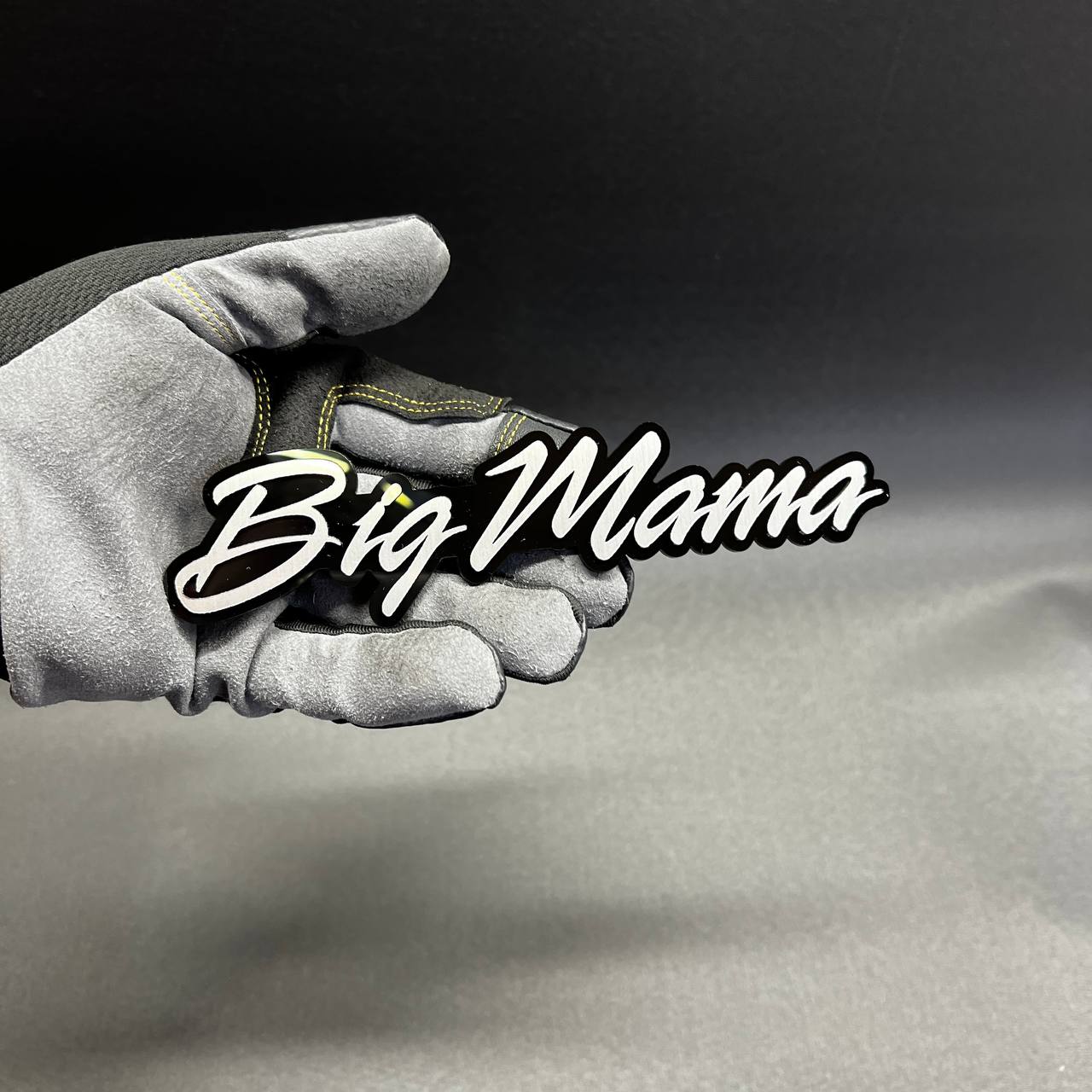 Big Mama custom acrylic script car badge fender emblem in black and white