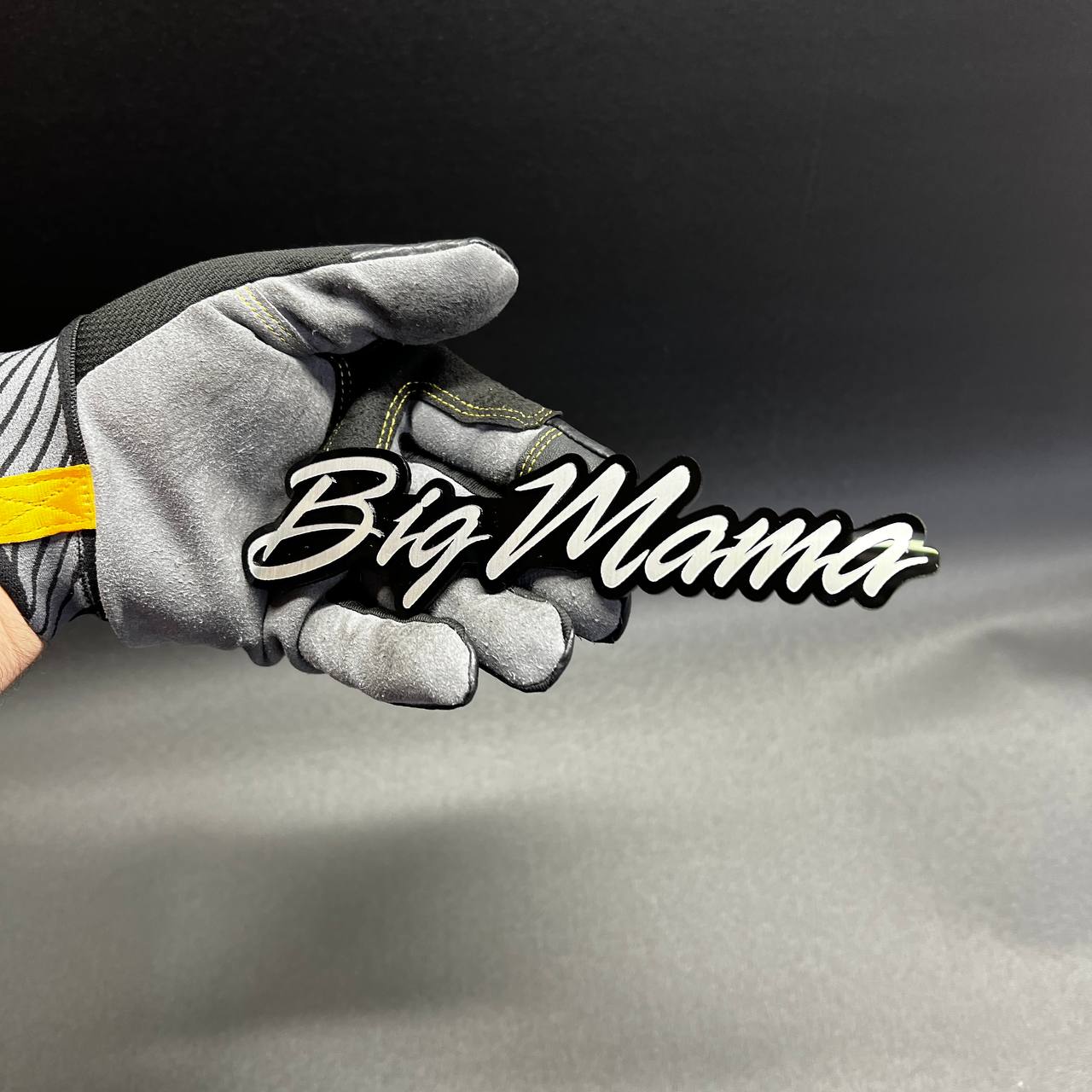 Big Mama stylish script car emblem with black outline and white face