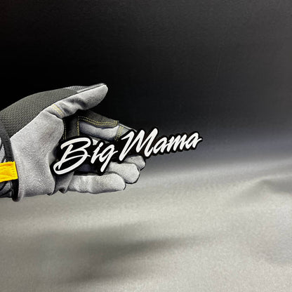 Handmade Big Mama automotive badge with layered acrylic lettering