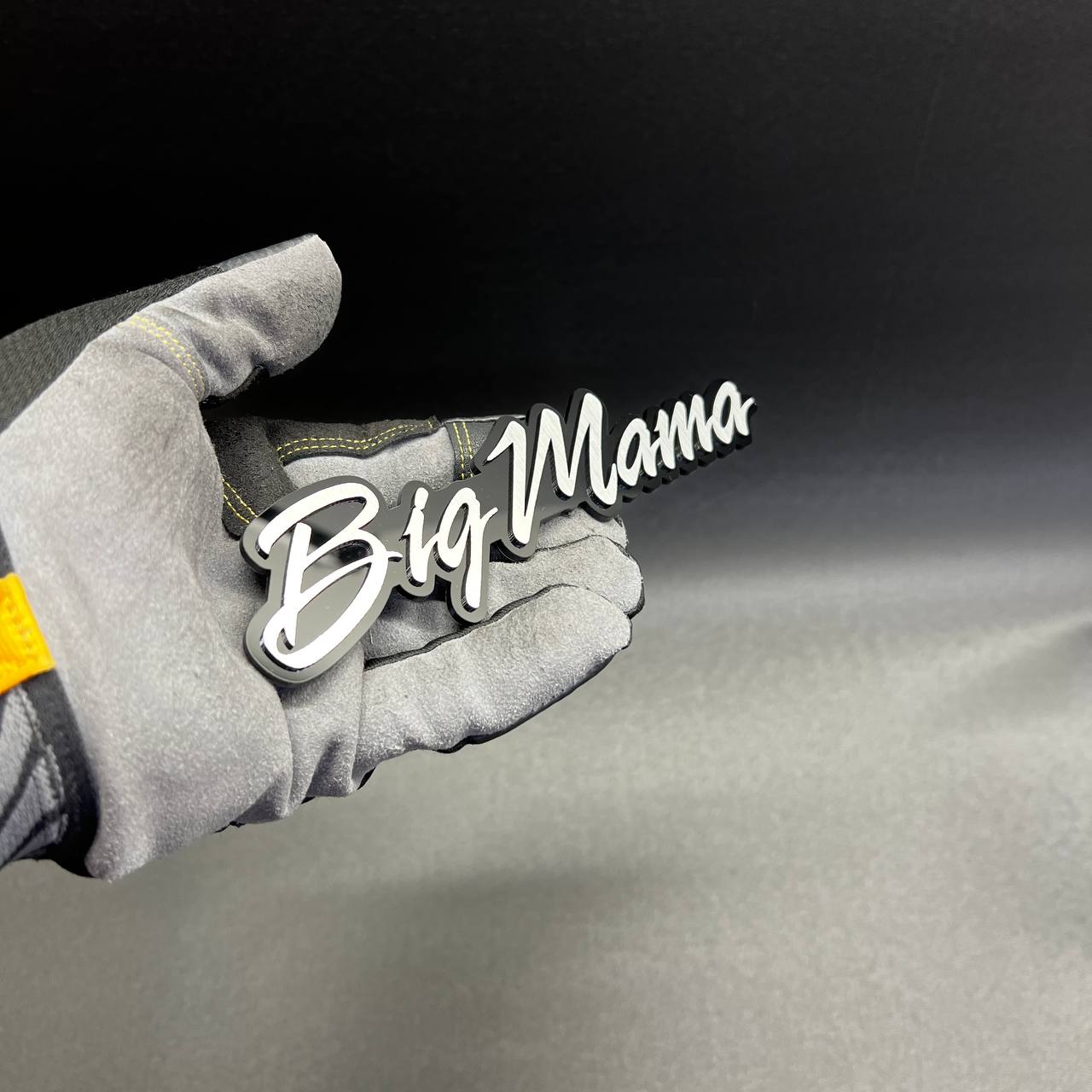 Big Mama premium acrylic automotive badge mounted with 3M adhesive