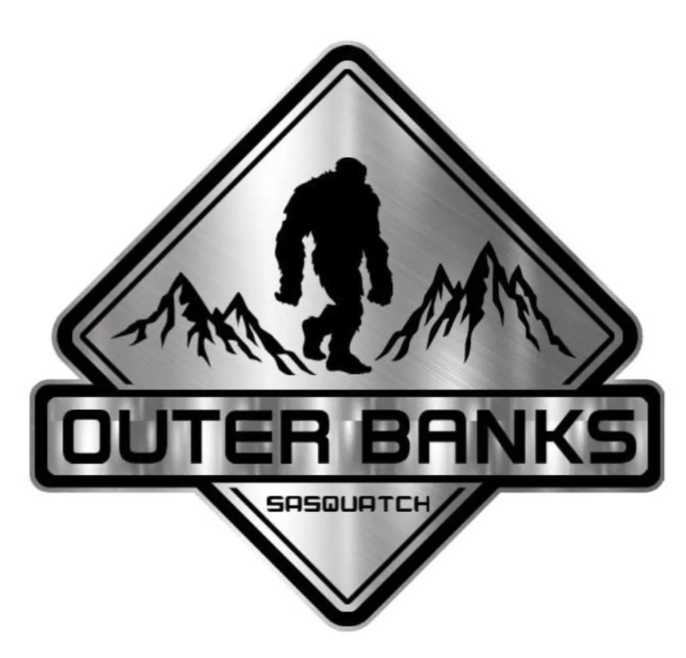 Big Sasquatch Outer Banks engraved car badge with brushed silver finish and mountain design