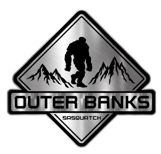 Big Sasquatch Outer Banks engraved car badge with brushed silver finish and mountain design