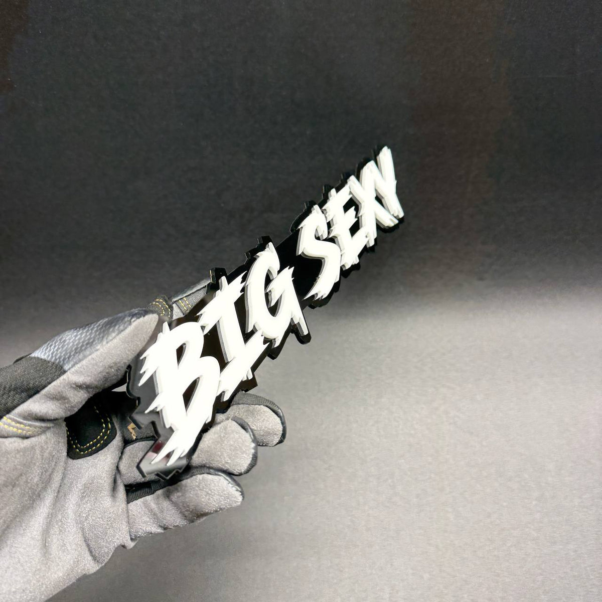 Big Sexy white and black raised lettering fender emblem, custom automotive badge for Dodge Charger, Challenger and other muscle cars.