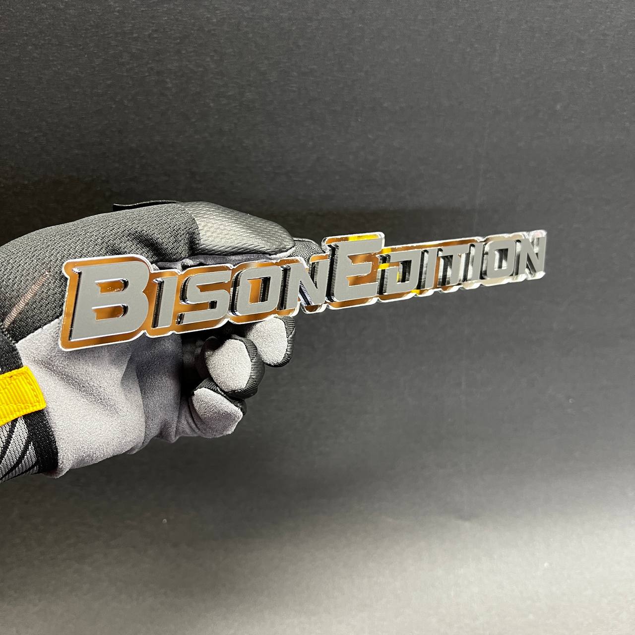Custom BISON EDITION automotive emblem with 3M adhesive backing