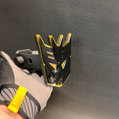 Custom Decepticon emblem hitch cover for 2 inch trailer receiver.