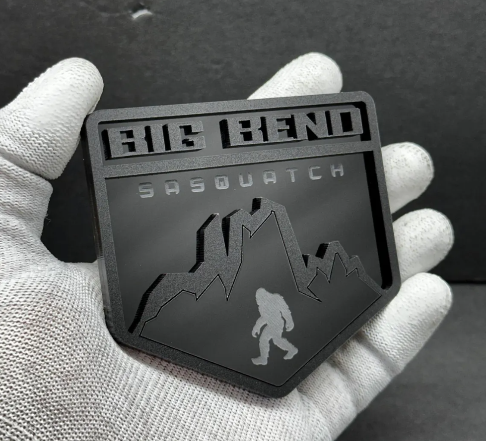 Automotive grade acrylic mountain badge UV and weather resistant finish Sasquatch