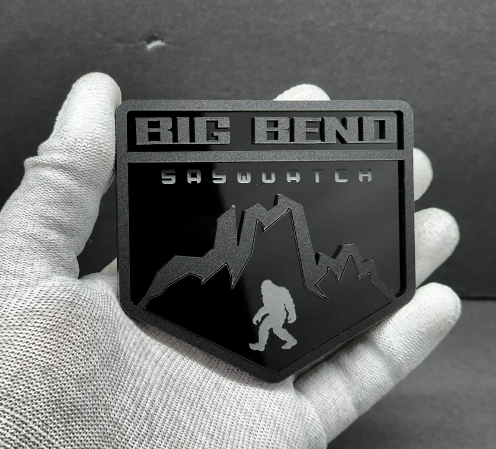 Mountain style badge with strong 3M automotive adhesive backing, Sasquatch edition