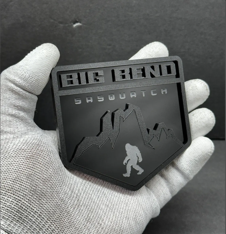 Mountain style acrylic badge installed on Ford Bronco tailgate with 3M tape Sasquatch