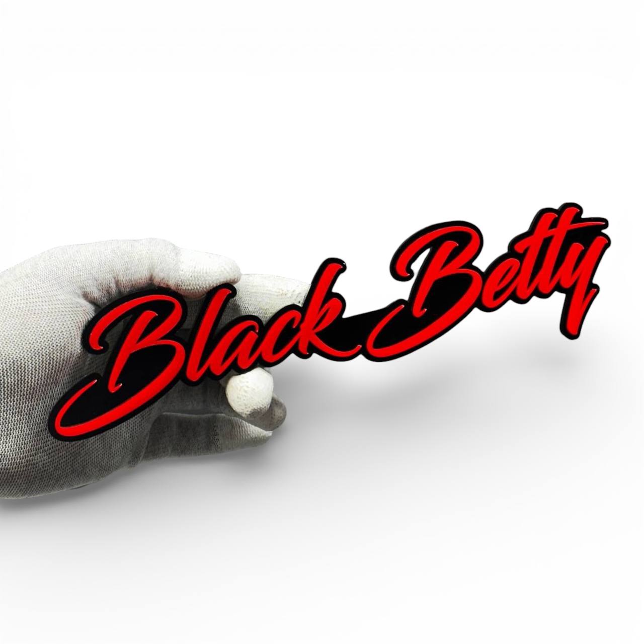 Black Betty script style automotive text badge in black and white acrylic